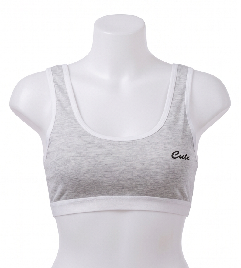 Roshmelle "Cute" Embroidered Cotton Sports Bra Set for Teen Girls & Women | Wire-Free Seamless Comfort Training Bra, Lightweight Daily Bralette, Gym Lounge (Pink, Grey, Peach, White)