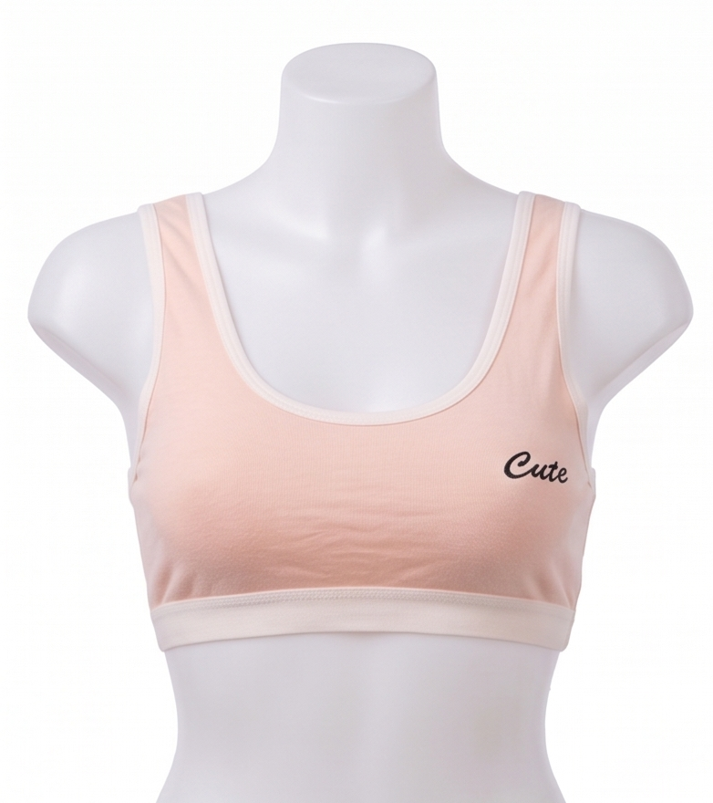 Roshmelle "Cute" Embroidered Cotton Sports Bra Set for Teen Girls & Women | Wire-Free Seamless Comfort Training Bra, Lightweight Daily Bralette, Gym Lounge (Pink, Grey, Peach, White)