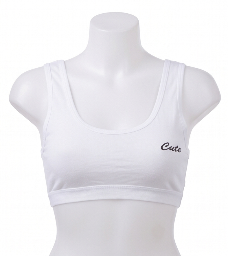 Roshmelle "Cute" Embroidered Cotton Sports Bra Set for Teen Girls & Women | Wire-Free Seamless Comfort Training Bra, Lightweight Daily Bralette, Gym Lounge (Pink, Grey, Peach, White)
