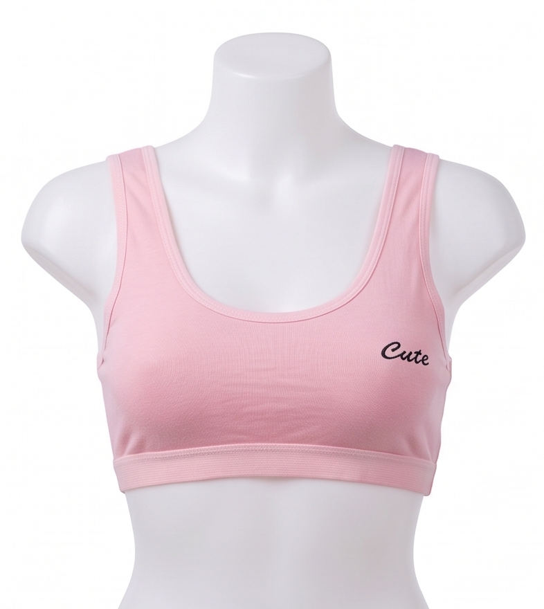 Roshmelle "Cute" Embroidered Cotton Sports Bra Set for Teen Girls & Women | Wire-Free Seamless Comfort Training Bra, Lightweight Daily Bralette, Gym Lounge (Pink, Grey, Peach, White)