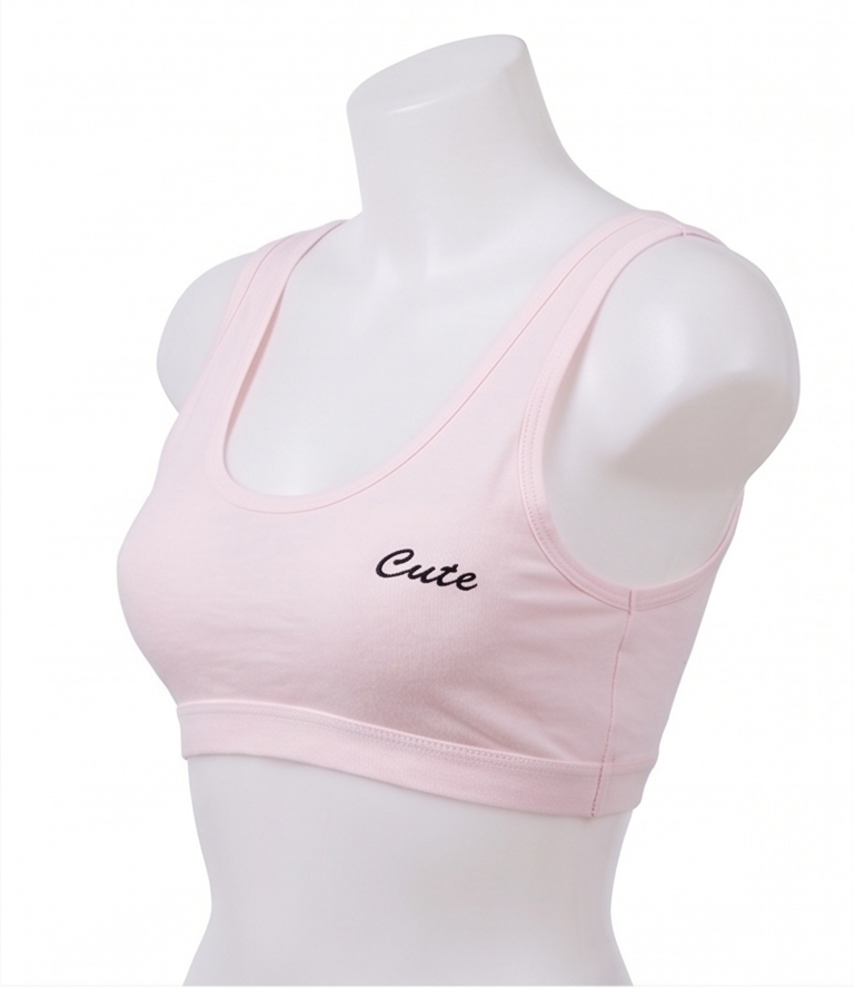 Roshmelle "Cute" Embroidered Cotton Sports Bra Set for Teen Girls & Women | Wire-Free Seamless Comfort Training Bra, Lightweight Daily Bralette, Gym Lounge (Pink, Grey, Peach, White)