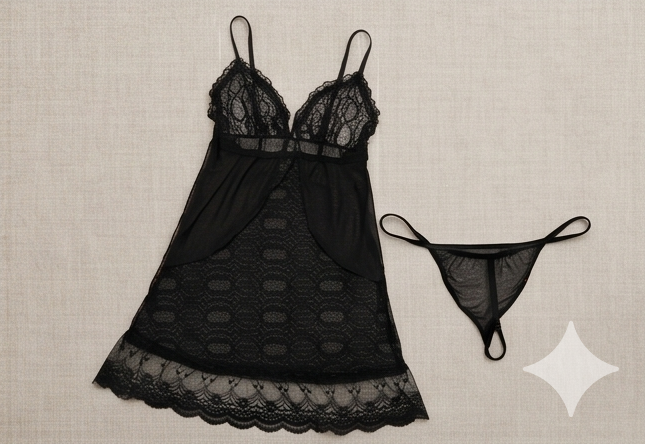 Roshmelle Midnight Lace Babydoll Nightgown Nighty & Matching G-String Set – Elegant Sheer Mesh Sleepwear