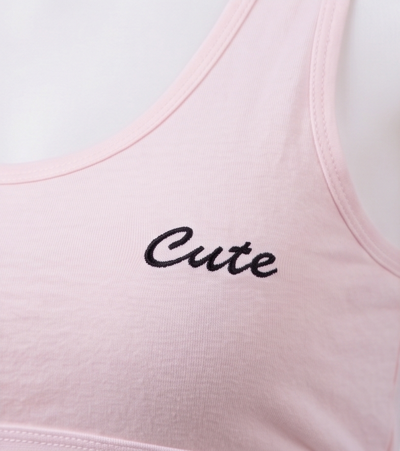 Roshmelle "Cute" Embroidered Cotton Sports Bra Set for Teen Girls & Women | Wire-Free Seamless Comfort Training Bra, Lightweight Daily Bralette, Gym Lounge (Pink, Grey, Peach, White)