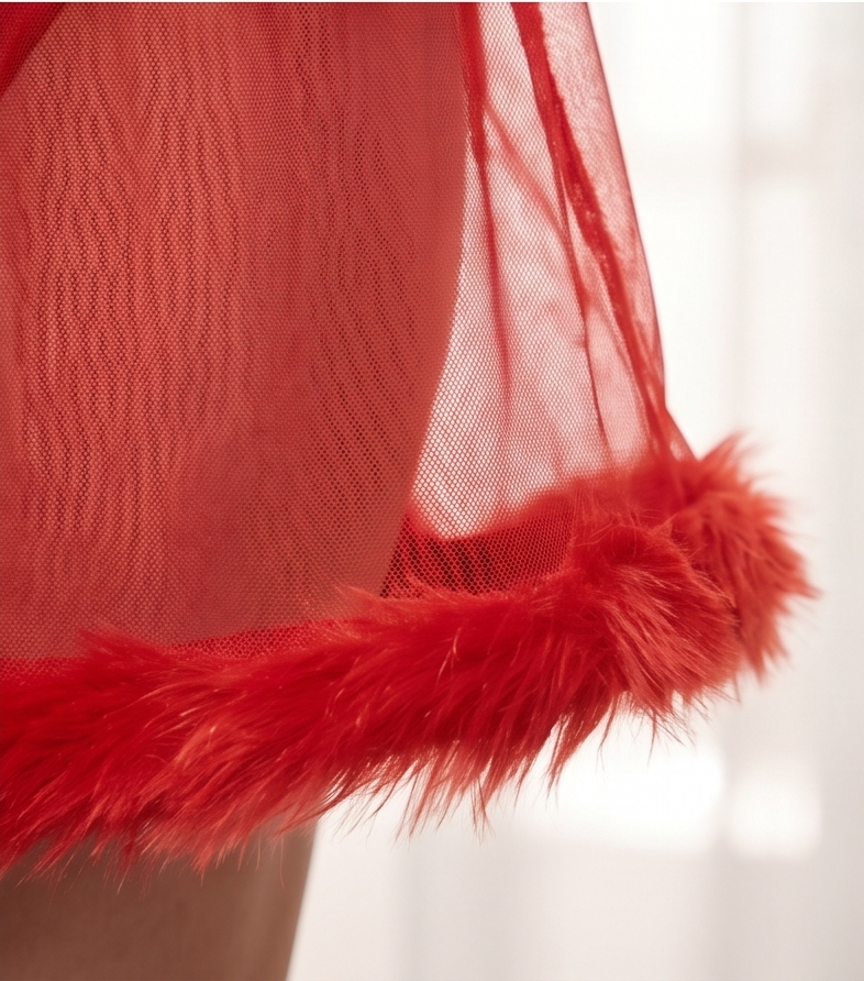 Roshmelle Elegant Red Lace Babydoll Nightwear Nighty with Faux-Fur Trim with G-String