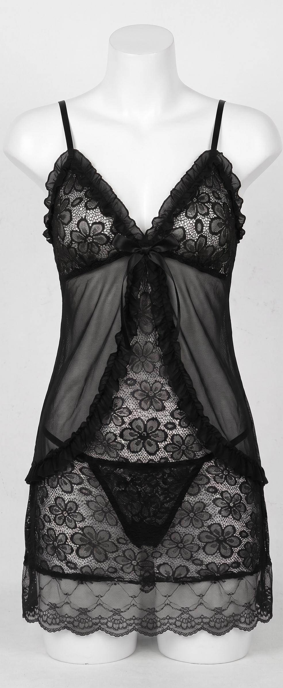 Roshmelle Midnight Lace Babydoll Nightgown Nighty & Matching G-String Set – Elegant Sheer Mesh Sleepwear