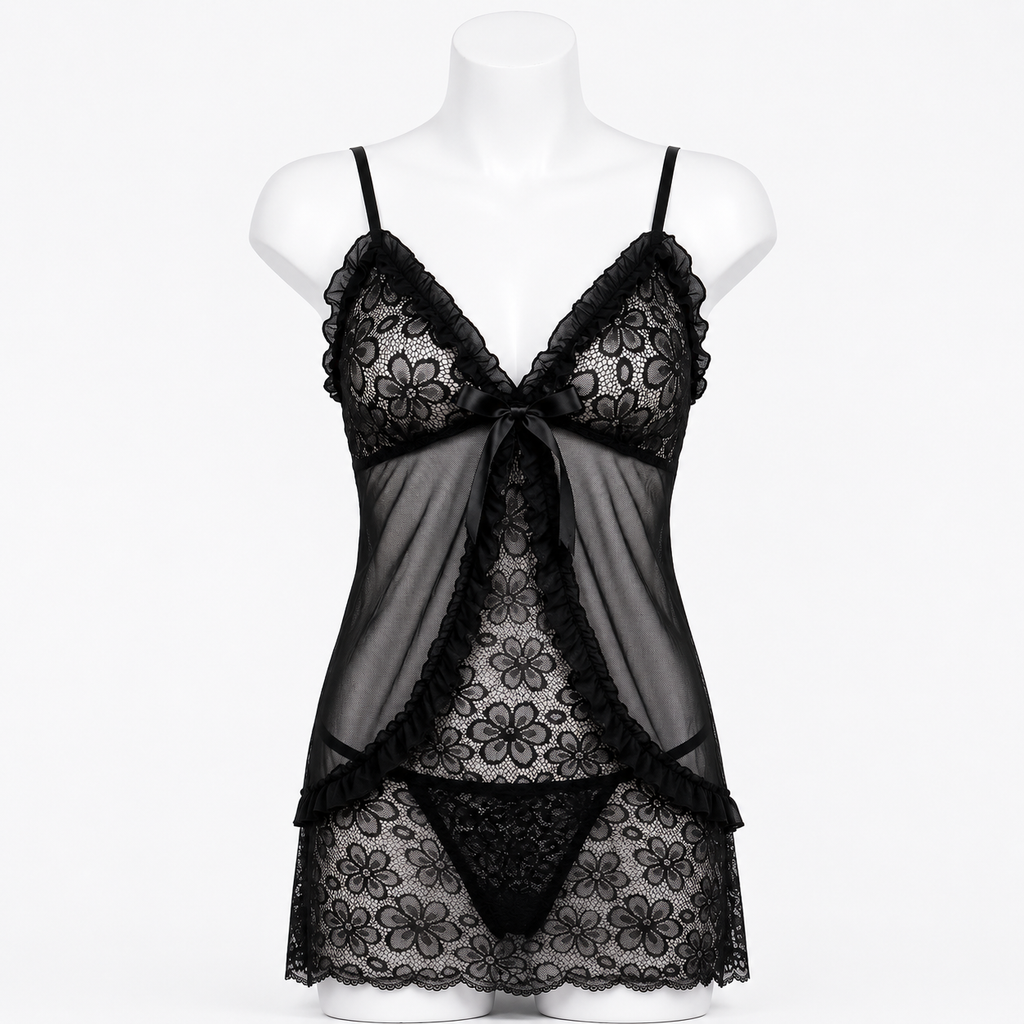 Roshmelle Midnight Lace Babydoll Nightgown Nighty & Matching G-String Set – Elegant Sheer Mesh Sleepwear