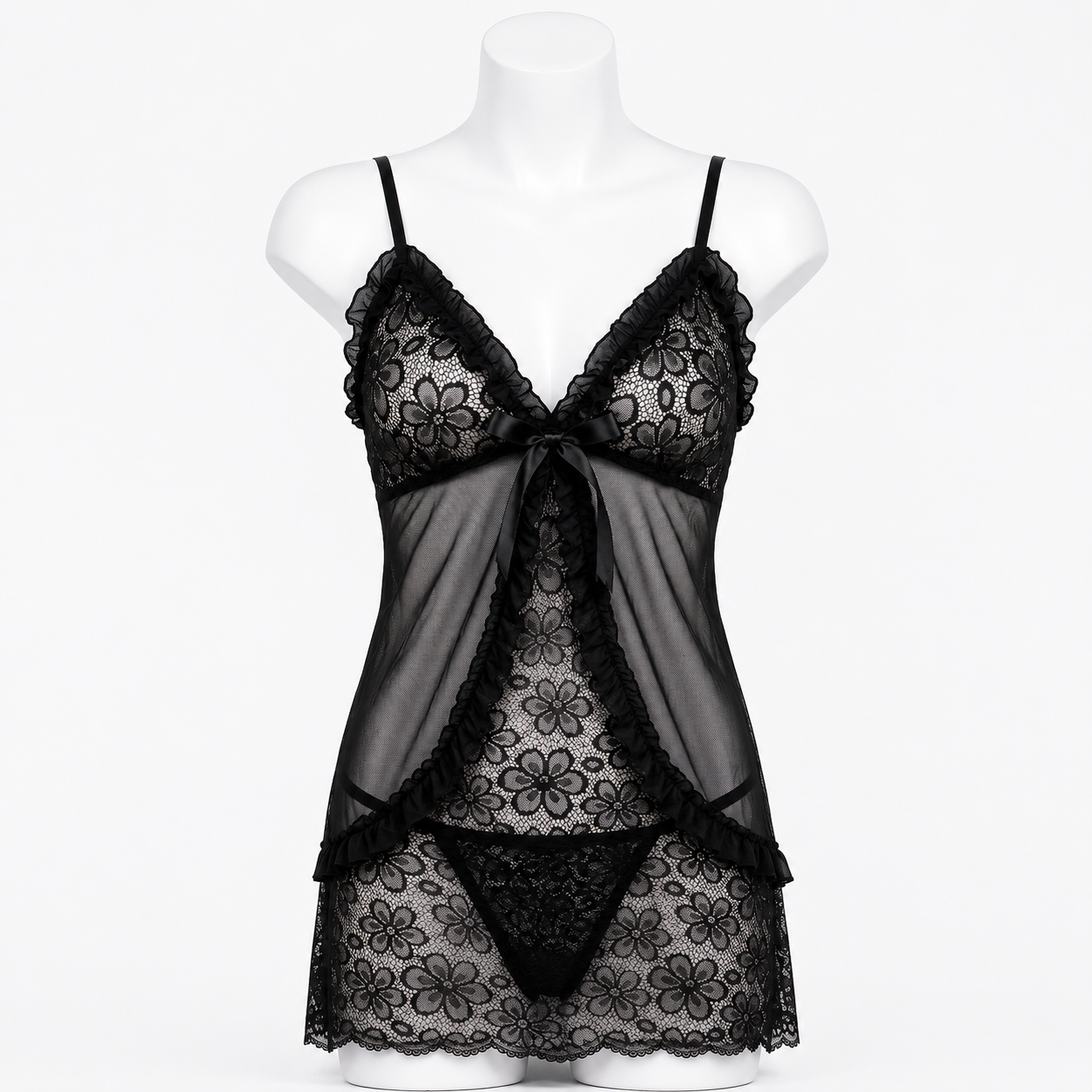 Roshmelle Midnight Lace Babydoll Nightgown Nighty & Matching G-String Set – Elegant Sheer Mesh Sleepwear