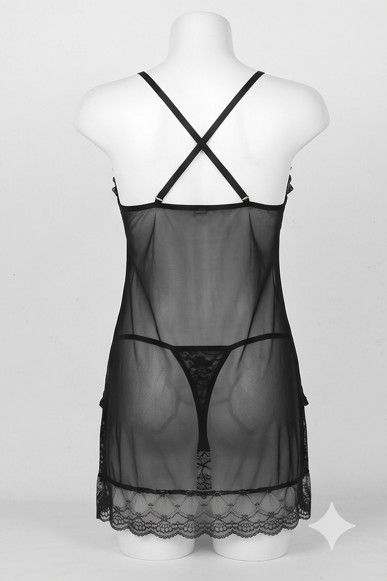Roshmelle Midnight Lace Babydoll Nightgown Nighty & Matching G-String Set – Elegant Sheer Mesh Sleepwear