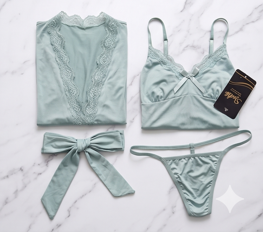 Roshmelle Serene Sage 3-Piece Premium Luxury Nighty Nightgown Sleepwear Set Ensemble & Elegent Robe with Matching Panty