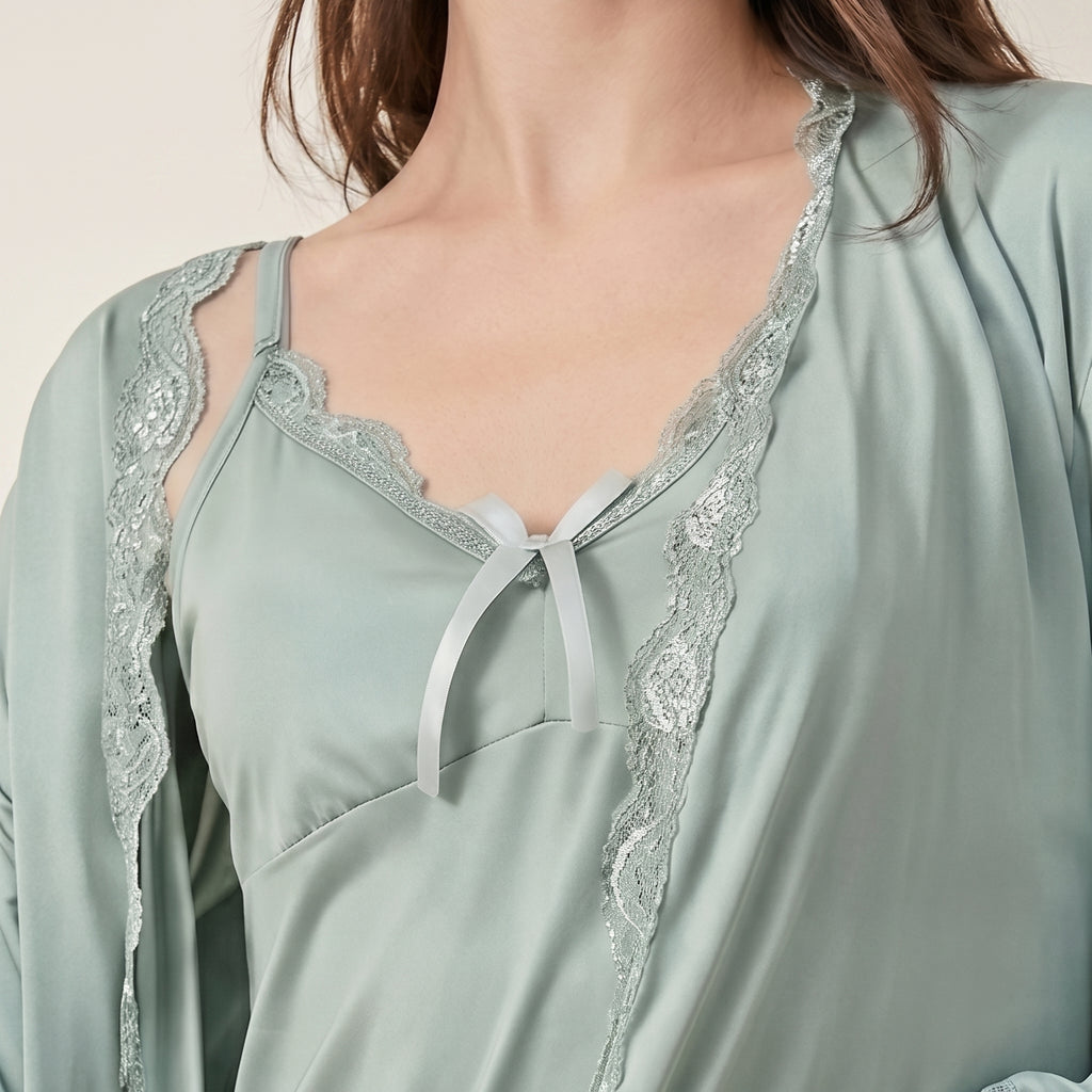 Roshmelle Serene Sage 3-Piece Premium Luxury Nighty Nightgown Sleepwear Set Ensemble & Elegent Robe with Matching Panty