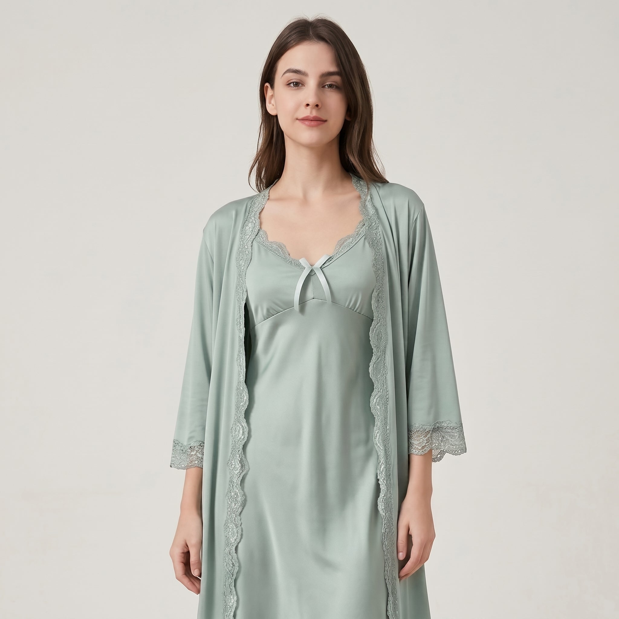 Roshmelle Serene Sage 3-Piece Premium Luxury Nighty Nightgown Sleepwear Set Ensemble & Elegent Robe with Matching Panty