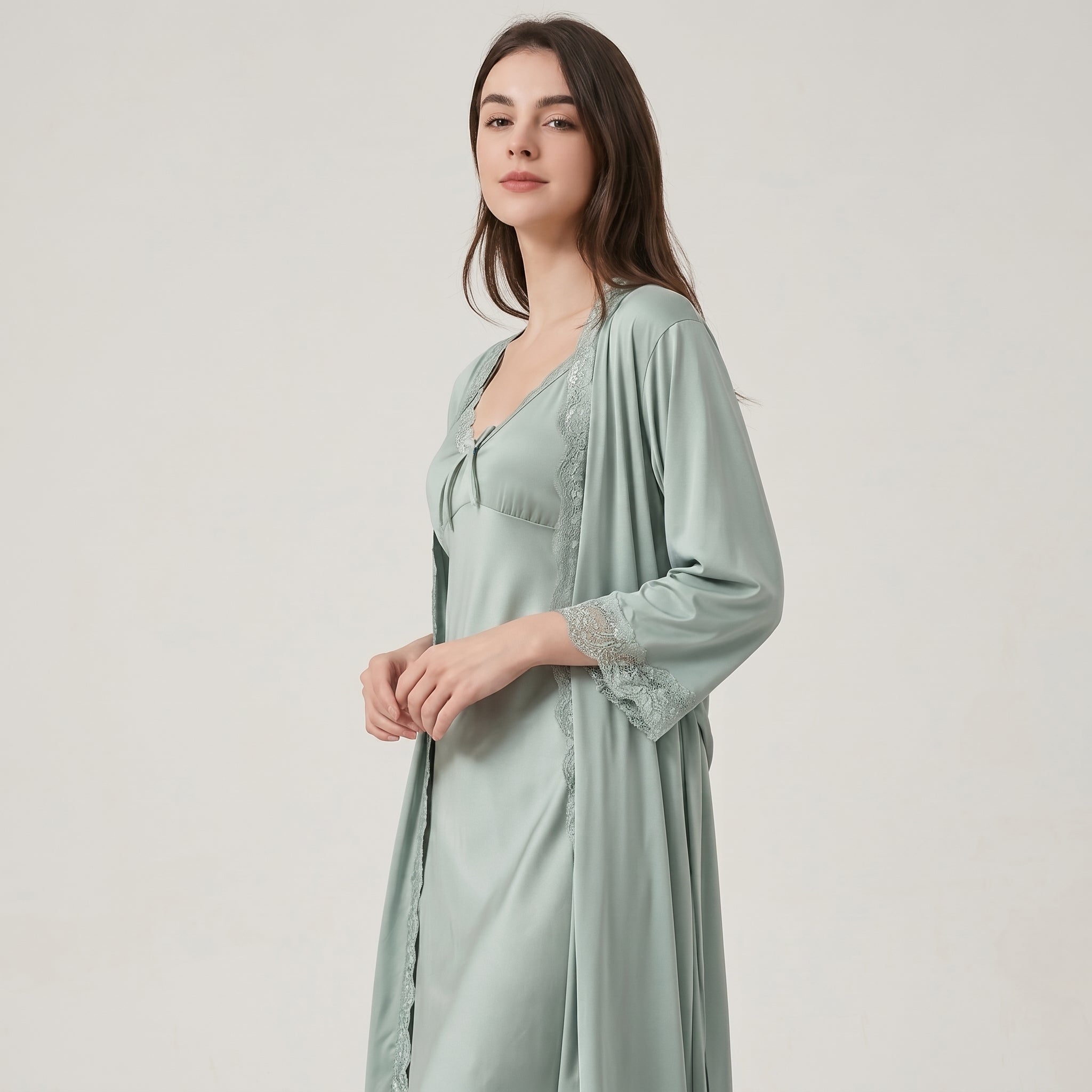 Roshmelle Serene Sage 3-Piece Premium Luxury Nighty Nightgown Sleepwear Set Ensemble & Elegent Robe with Matching Panty