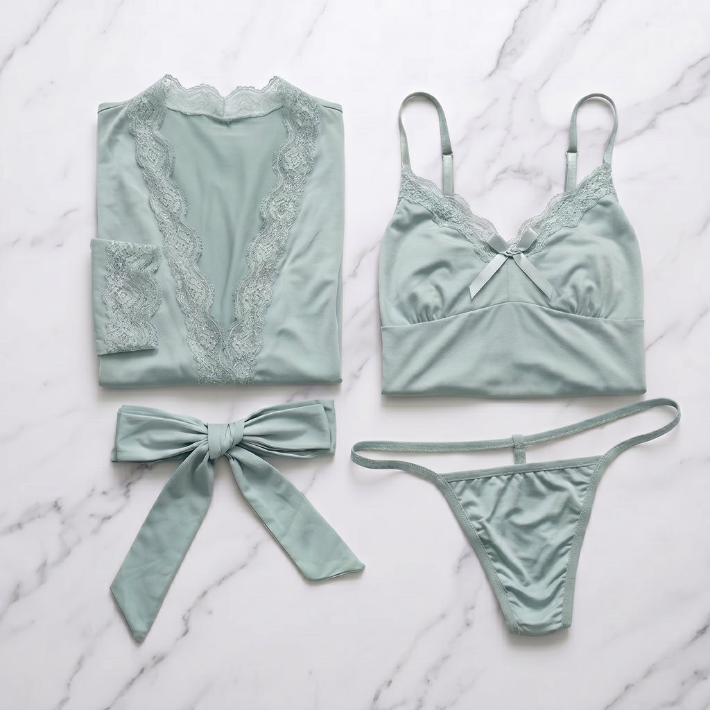 Roshmelle Serene Sage 3-Piece Premium Luxury Nighty Nightgown Sleepwear Set Ensemble & Elegent Robe with Matching Panty