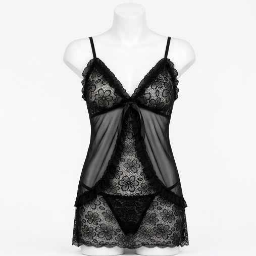 Roshmelle Sheer Mesh Babydoll Nightwear Set
