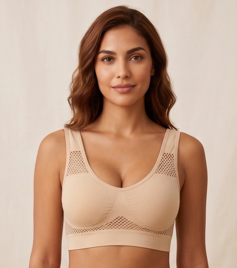 Roshmelle Signature Air Sports Bra – Seamless Kinetic Stretch with Couture Mesh Accents